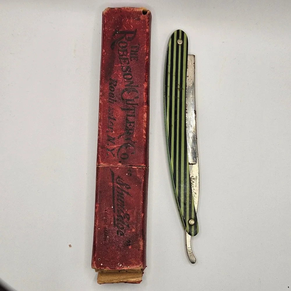 Robeson ShurEdge Straight Razor The Pilot Green Black Striped Celluloid 1510 Box